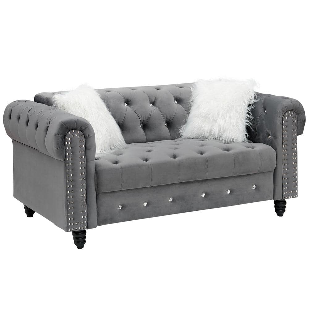 Zjoyee 65.35 in. Gray Velvet 2Seats Loveseats Roll Arm Classic Sofa P