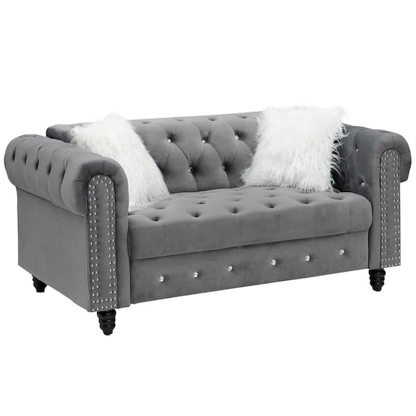 Z-joyee 65.35 in. Gray Velvet 2-Seats Loveseats Roll Arm Classic Sofa