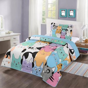 WX202 Blue Cat Twin Size Polyester Quilt Lightweight Bedspread Set