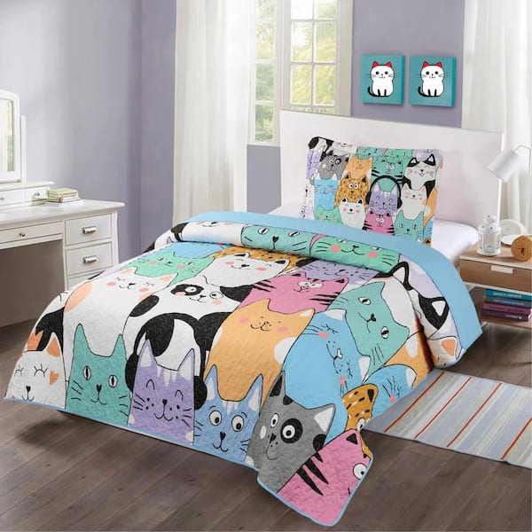 WX202 Blue Cat Twin Size Polyester Quilt Lightweight Bedspread Set