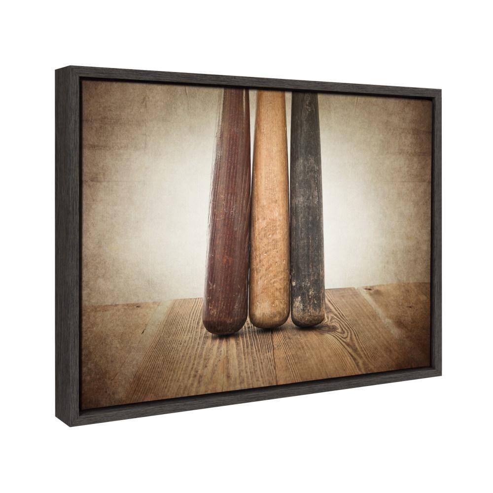 Three Vintage Bats Framed Canvas Print in Gray Woodgrain Frame