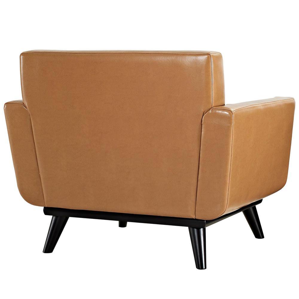 Mid-Century Tan Leather Accent Chair with Rubberwood Legs
