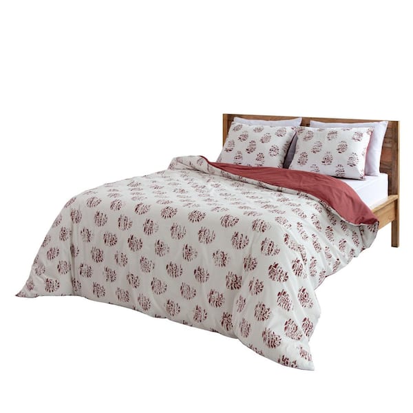 MH LONDON Logan 3-Piece White and Cherry Cotton King Duvet Cover Set