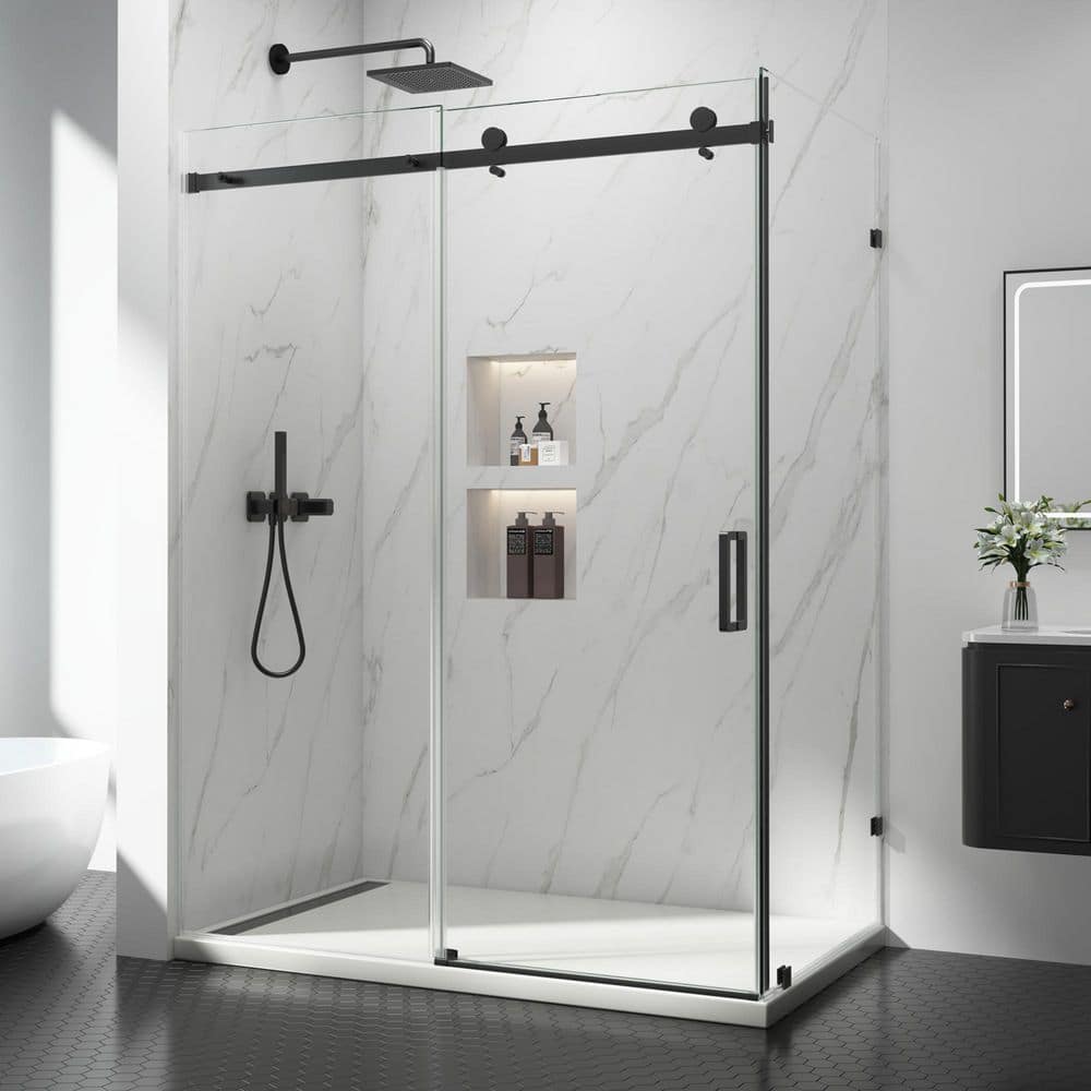 54-76 in. W x 32 in. D x 76 in. H Frameless Corner Sliding Shower Door Enclosure in Matte Black with Clear Glass price history on PriceWatchPro
