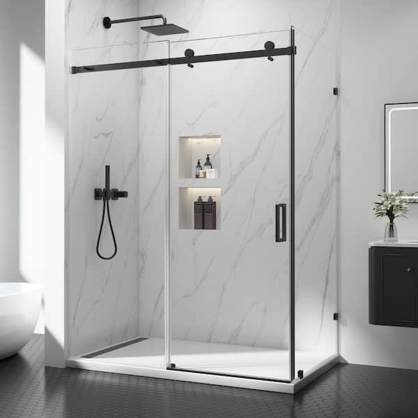 55-60 in. W x 36 in. D x 76 in. H Frameless Corner Sliding Shower Door Enclosure in Matte Black with Clear Glass