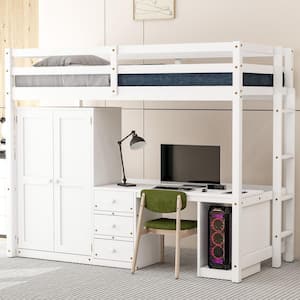 White Wooden Twin Size Loft Bed with Wardrobe, Desk and 3 Storage Drawers