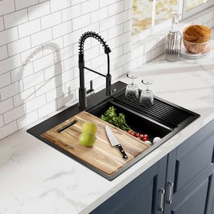 27 in. Drop-In Single Bowl 18 Gauge Black Stainless Steel Workstation Kitchen Sink with Black Spring Neck Faucet