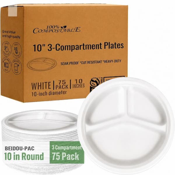 10 in. White Natural Disposable Paper Plates 3 Compartment Heavy Duty Compostable Tableware Case (75 Per Case)