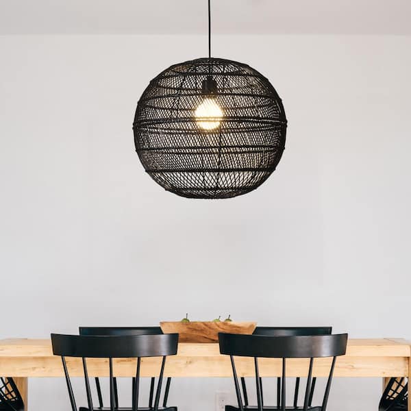 ZJVAIVE 1-Light Black Globe Adjustable Pendant Light with Rattan Shaded for Living Room, No Bulbs Included