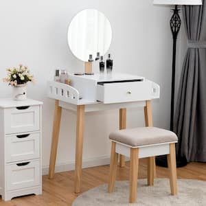 1-Drawer White Wooden Vanity Makeup Dressing Table Stool Set Round Mirror