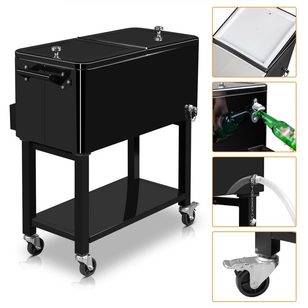 Black Metal 80 Qt. Outdoor Rolling Cooler Cart with Detached Lid