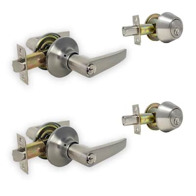 Wave Style Door Levers with Single Cylinder Deadbolt Satin Nickel Finish All Keyed Alike Combo Pack Door Locks with Keys 2 Pack 