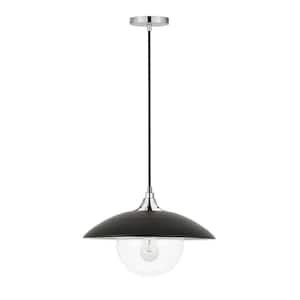 Alvia 1-Light Black and Polished Nickel Pendant with Glass Shade