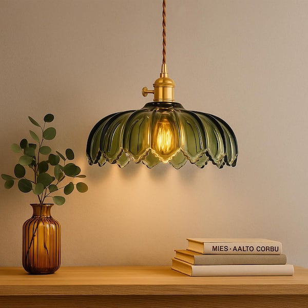 Modern 1-Light Green Plug-In Mid-Century Hanging Pendant Light with Ribbed Flower Glass Shade Kitchen Island Chandelier
