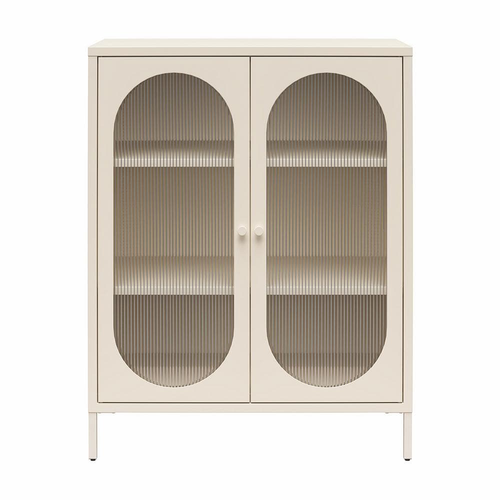 Parchment Metal Accent Cabinet with Fluted Glass Doors