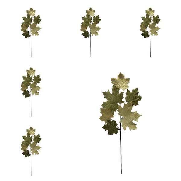 35 in. Green Artificial Velvet Maple Leaf Branch Decor for Harvest Fall Festival Thanksgiving Table Decoration, Set of 6