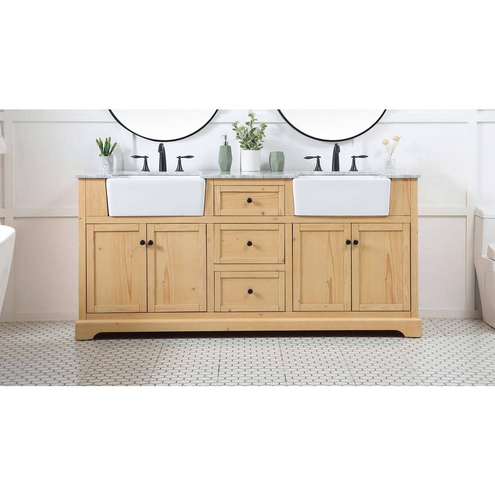 Natural Wood Double Bathroom Vanity with Carrara Marble Top