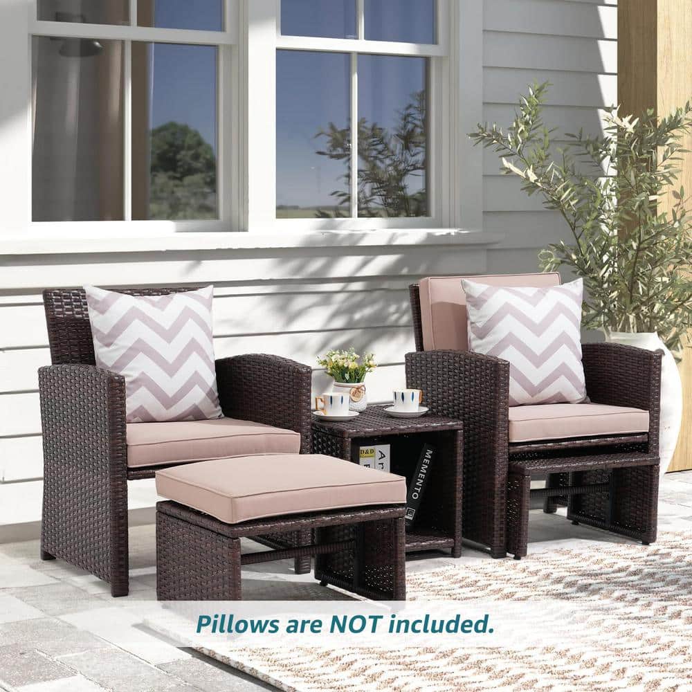 5-Piece Brown Wicker Patio Conversation Set with Beige Cushions