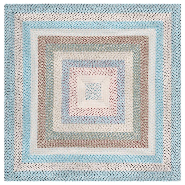 SAFAVIEH Braided Beige/Light Blue 3 ft. x 3 ft. Machine Washable Striped Multicolor Square Area Rug