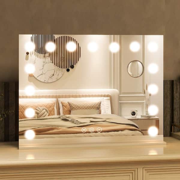 GLSLAND 23 in. W x 18 in. H LED Light Rectangular Metal Framed Makeup Vanity Mirror White Hollywood Mirror