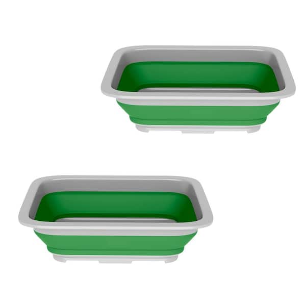 Green Multi-Purpose Plastic Rectangle Wash Bins 7.27 L Collapsible Bucket for Camping, Cleaning, Laundry (Set of 2)