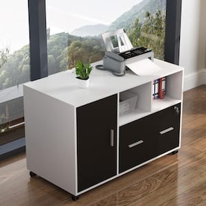 Atencio White Lateral Filing Cabinet with Storage Shelves Mobile Printer Stand