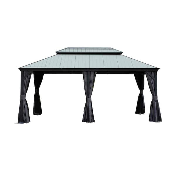 12 ft. x 18 ft. Dark Gray Hardtop Gazebo with Resin and Steel Roof, Heavy Duty Permanent Pavilion with Drainage