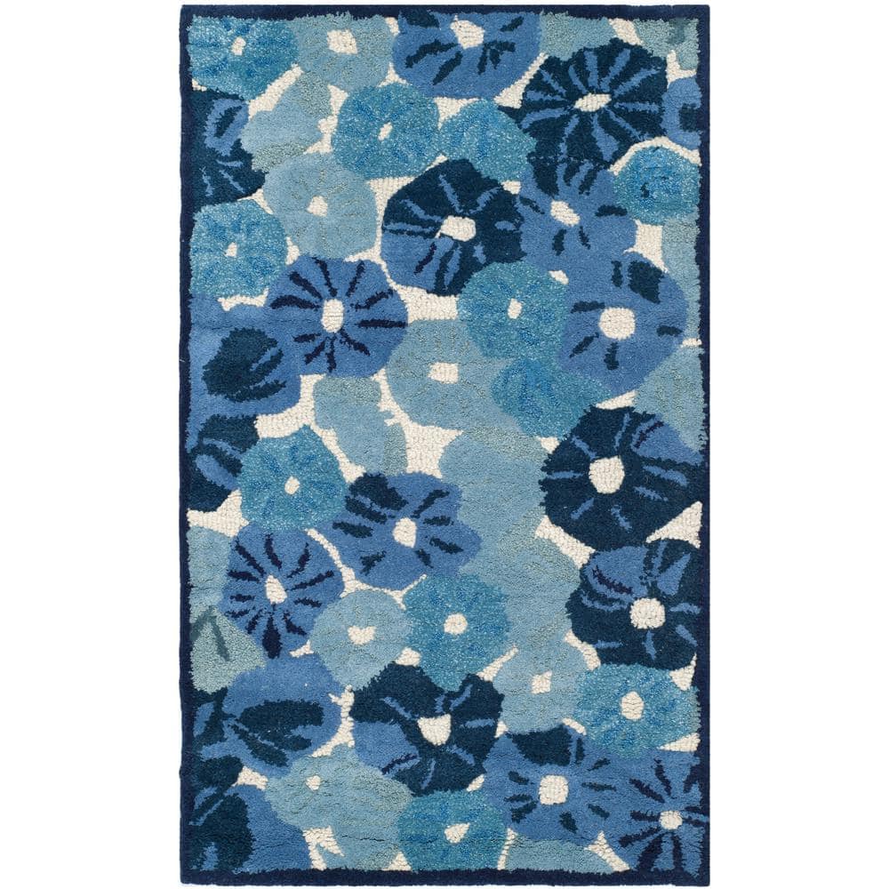 Hand-Knotted Azurite Blue Floral Wool-Viscose Blend Area Rug, 2'6" x 4'3"