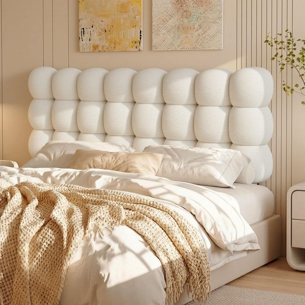Beige Queen Size Teddy Fleece Cloud-Shape Upholstered Headboard with High-Density Foam-Soft Plush Bedhead for Bedroom