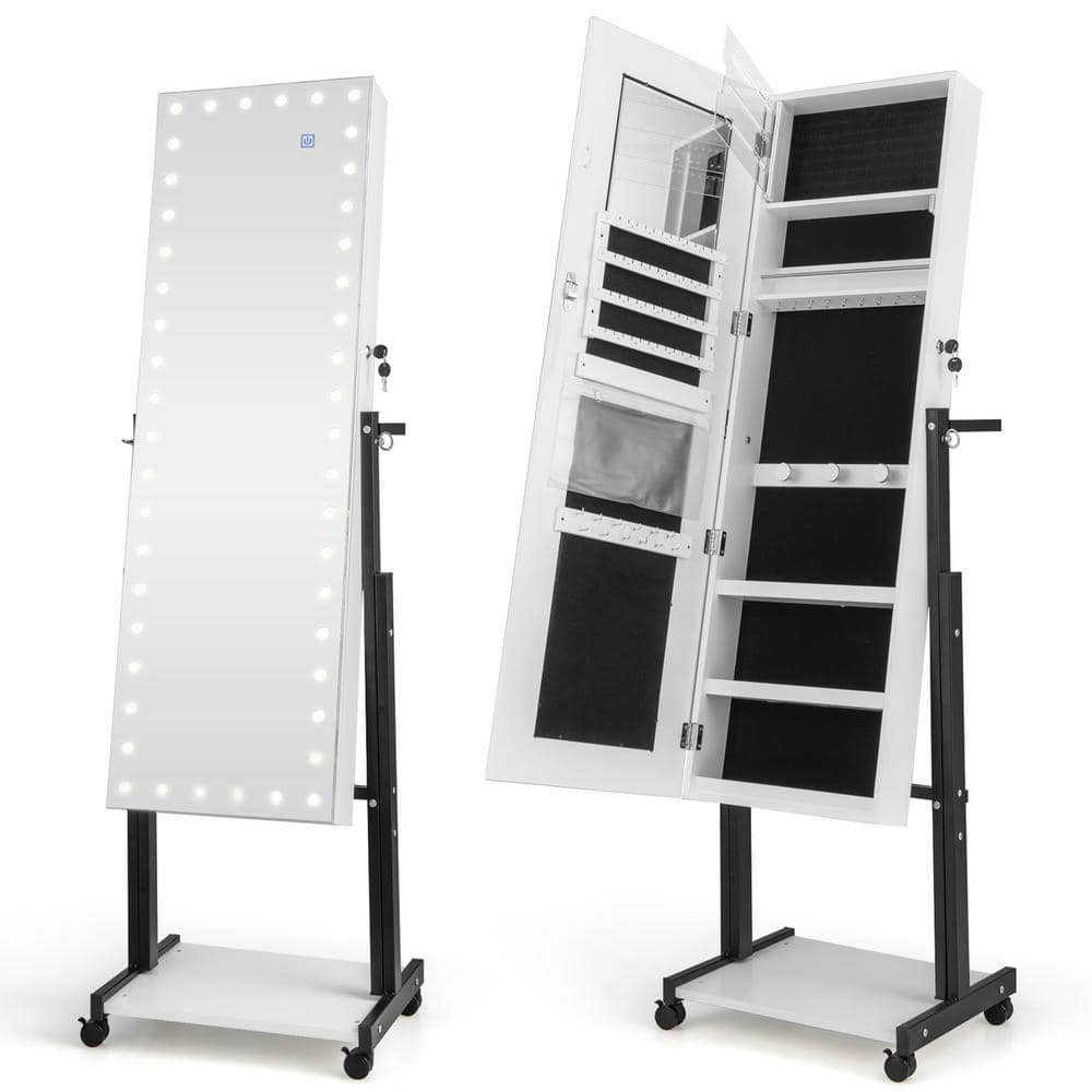 White Jewelry Cabinet Armoire Mirror with 3-Color 46 LED Lights and Adjustable Height and Wheels price history on PriceWatchPro