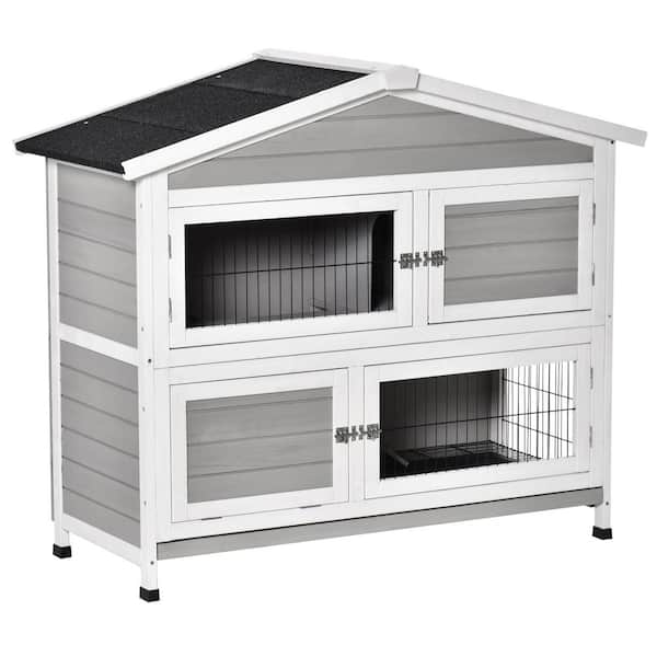 PawHut 47 in. W x 22.5 in. D x 41.25 in. H Indoor/Outdoor 48 in. 2-Story Rabbit Hutch w/Ramp, No Leak Tray and Asphalt Roof