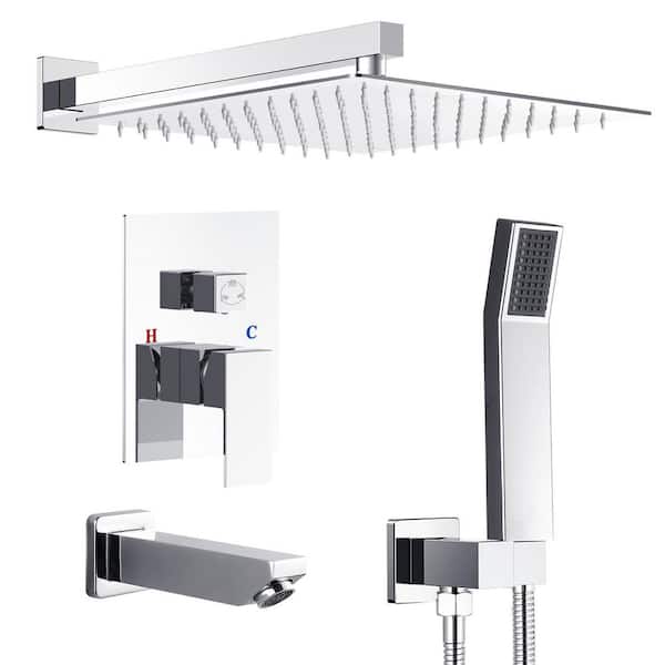 AKLFGN Single-Handle 3-Spray Tub and Shower Faucet with 12 in. Rain Shower Heads 2.0 GPM in. Polish Chrome (Valve Included)