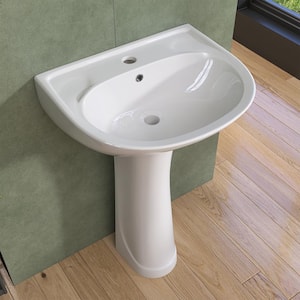 20 in. W x 17 in. D Vitreous China U-Shaped Vessel Sink with Single Faucet Hole Pedestal Combo Bathroom Sink in White