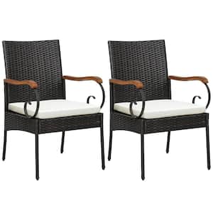 2-Piece PE Wicker Seating Set Acacia Wood Armrests w/White Soft Zippered Cushion Patio