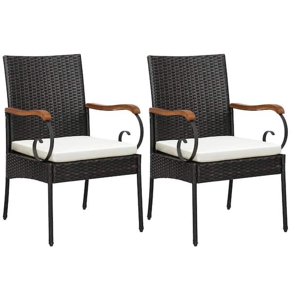 Gymax 2-Piece PE Wicker Seating Set Acacia Wood Armrests w/White Soft Zippered Cushion Patio