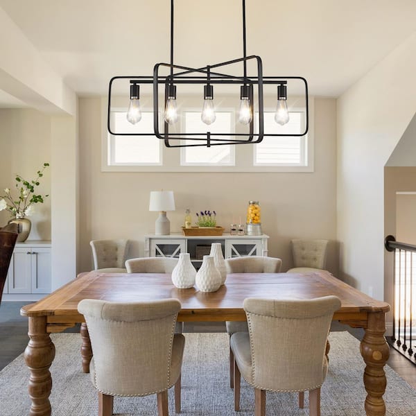 Magic Home Retro 6-Light Black Rod Stem Hung Linear Chandelier for Kitchen Island Dinning Room Foyer