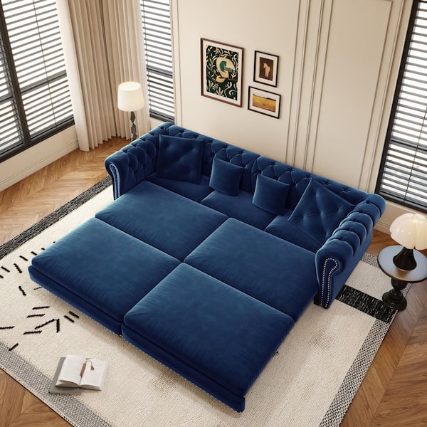 3-in-1 Convertible 89 in. Blue Velvet King Size Sofa Bed with Rivet Head Trim, Movable Ottoman, 4 Pillows
