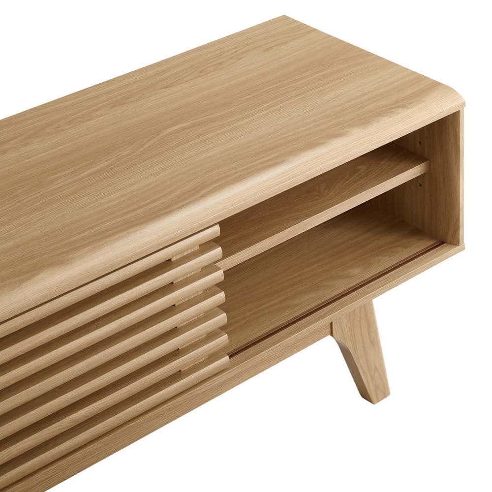 Modern Oak 48" TV Stand with Slatted Cabinet and Tapered Legs