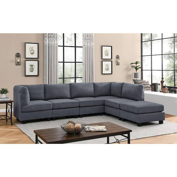 Sabina Modern 120 in. 6-Piece Polyester Blend Modular Sectional Sofa in Dark Gray with Ottoman