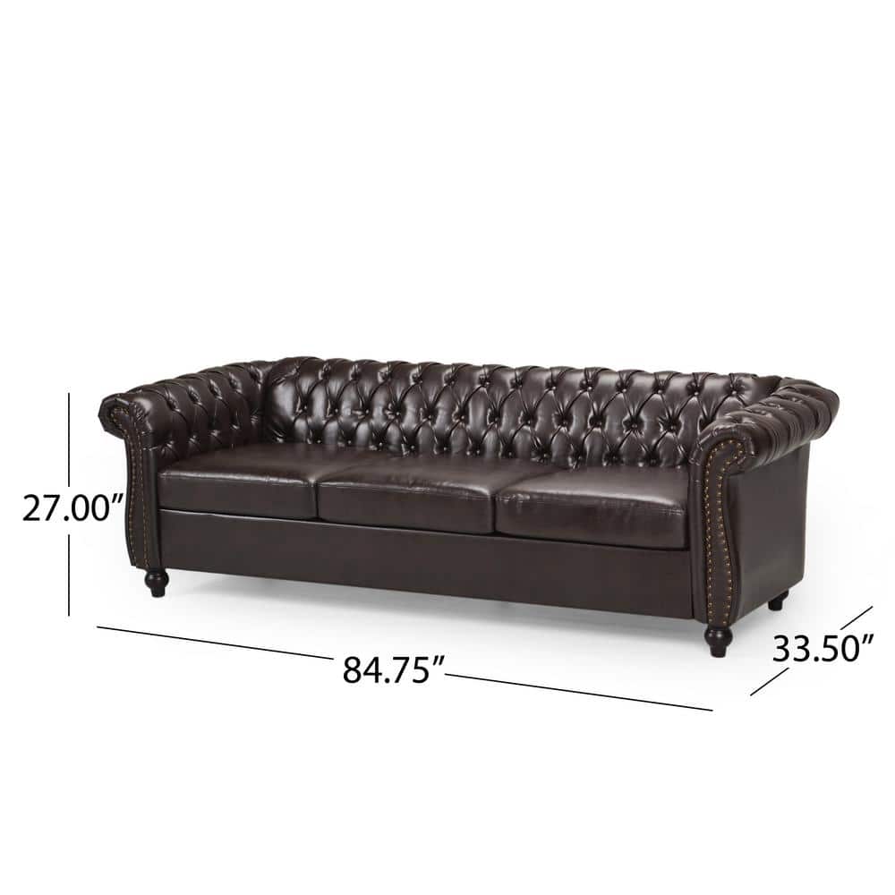 Elegant Brown Faux Leather Chesterfield Sofa with Nailhead Accents