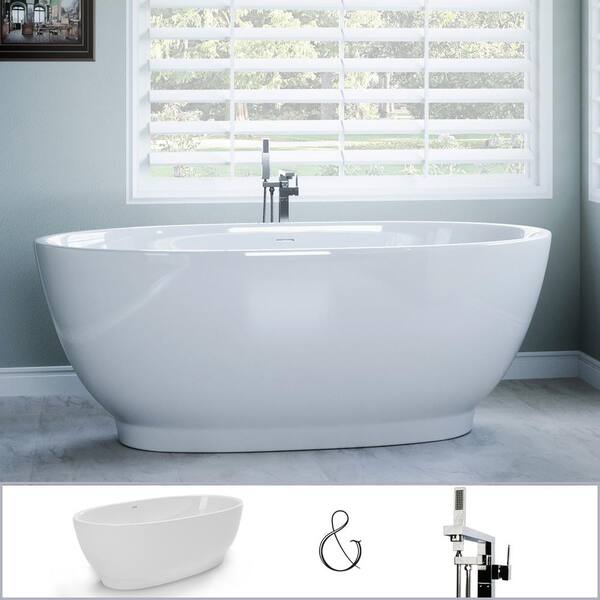 PELHAM & WHITE W-I-D-E Series Grandby 65 in. Acrylic Oval Freestanding Tub in White, Floor-Mount Square-Post Faucet in Polished Chrome