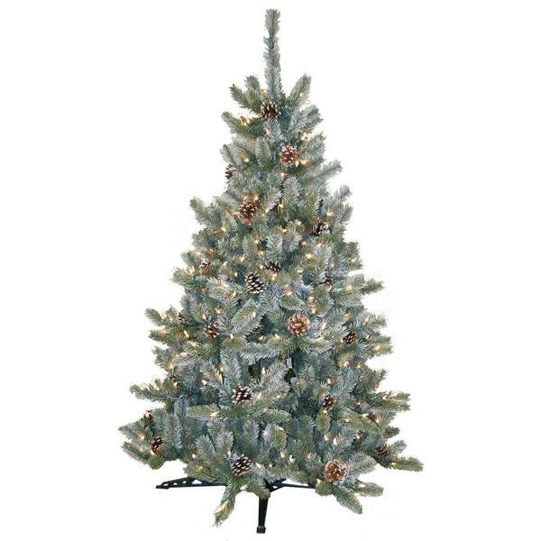 General Foam 4.5 ft. Pre-Lit Siberian Frosted Pine Artificial Christmas Tree with Clear Lights and Pinecones