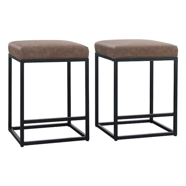 PHI VILLA 24 in. Brown Leather Cushion and Black Metal Frame Metal Bar Stool (2-pieces)