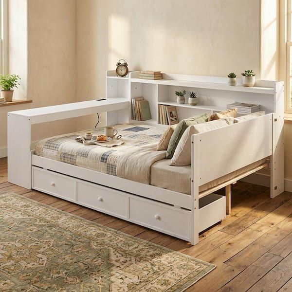VECELO Daybed White Wood Frame Full Platform Bed with Desk and