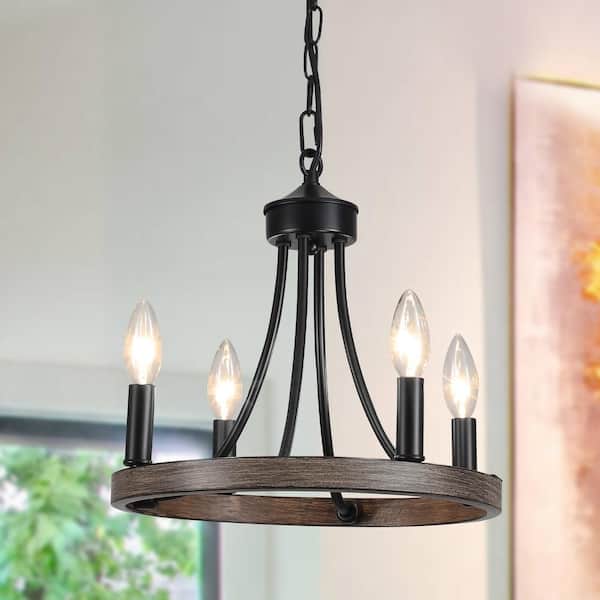 ZJVAIVE Farmhouse 4-Light Black and Imitation Wood GRain Candle Design Circle Chandelier for Dining Room with No Bulbs Included