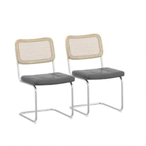 Gray Faux Leather Upholstered Dining Chair Set of 2 with High-Density Sponge Rattan Side Chairs with Cane Back