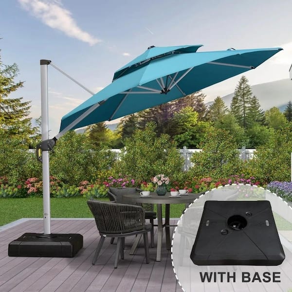 11 ft. Octagon High-Quality Aluminum Cantilever Outdoor Patio Umbrella with Base, Turquoise Blue