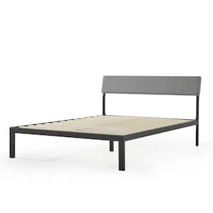 Kera Gray Classic Full Metal Platform Bed with Angled Upholstered Headboard, Solid Wooden Slats