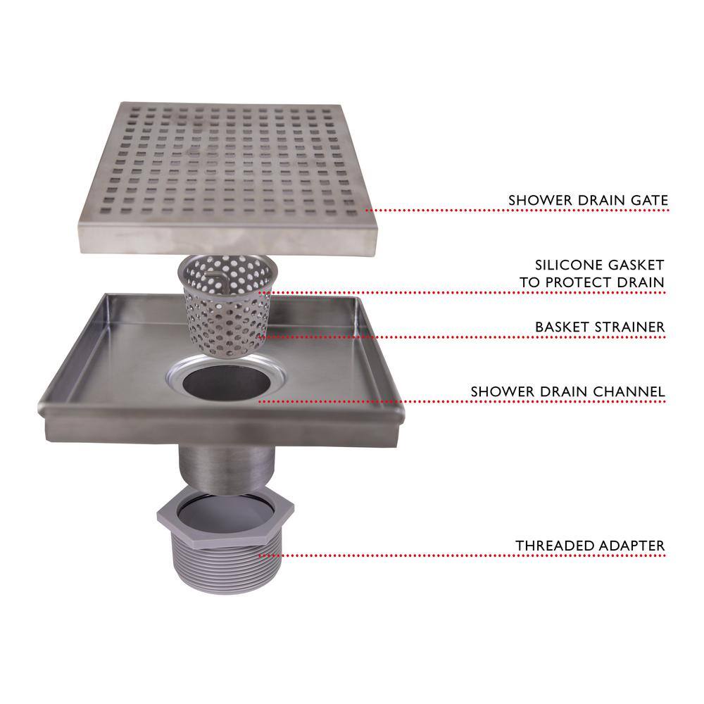 6-Inch Stainless Steel Square Shower Drain with Adjustable Feet