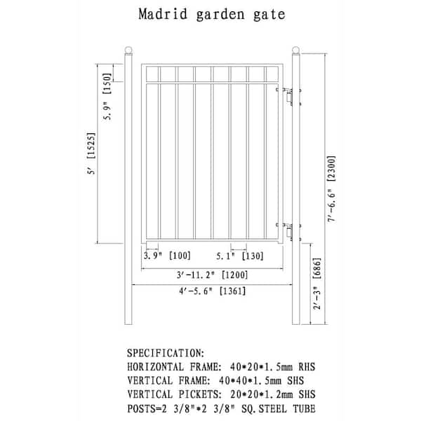 25 ft. x 6 ft. Black Steel Single Sliding Driveway Gate Madrid Style 20 ft. with Pedestrian Gate 5 ft. Fence Gate